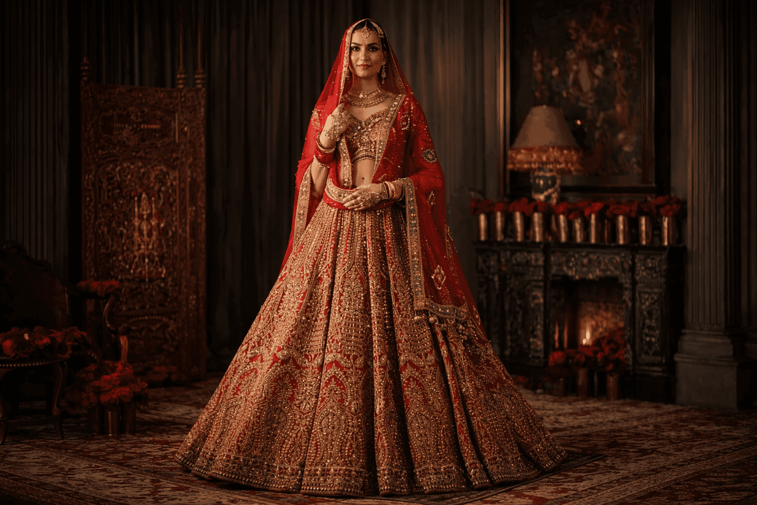 Bride wearing a luxury red lehenga